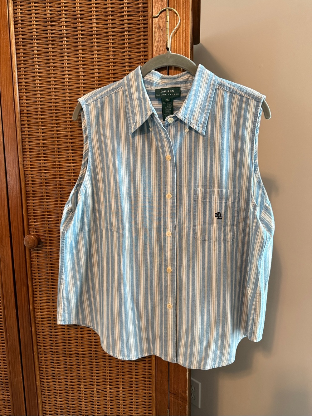 Ralph Lauren Blue and White Striped Sleeveless Button-Down Shirt